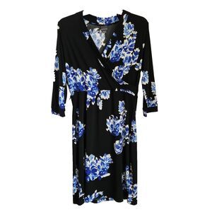Covington Dress Womens Large Petite Black Blue Floral Faux Wrap